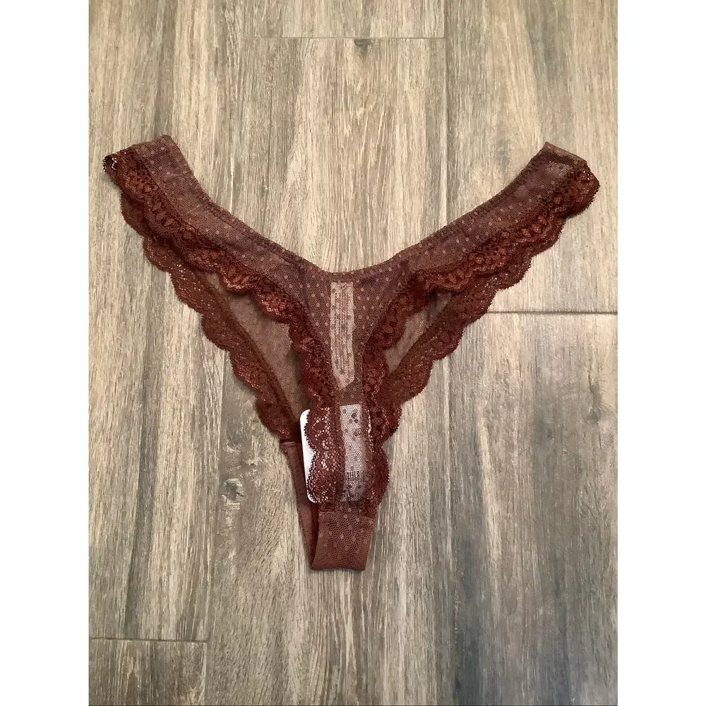 Intimately Free People Womens S Mocha Polka Dot Mesh Mid Week Thong Panty C12-6